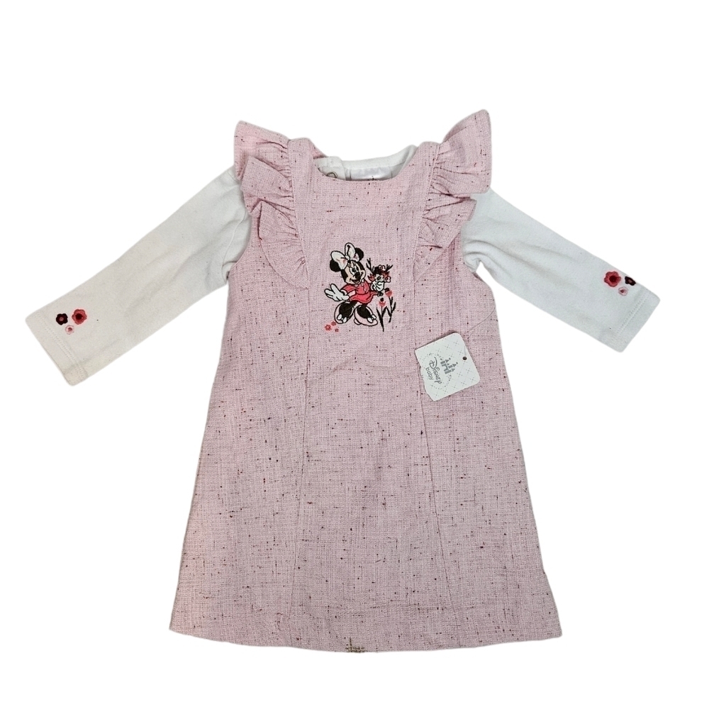 NWT Disney Light Pink Tweed Embroidered‎ Minnie Mouse 2 Piece Dress Set 6M to 9M